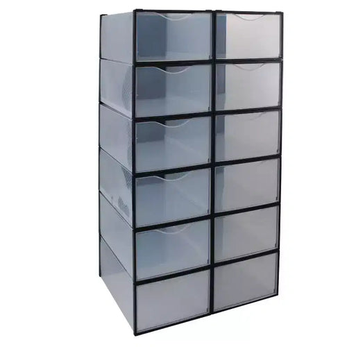 Simplify Set of 12 Drop Front Shoe Box Black: Plastic Storage Drawers for Shoe Storage, No Assembly Required