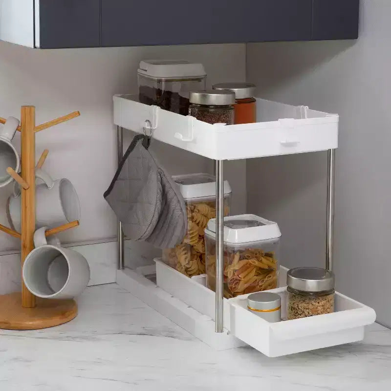 Organizzatore per lavello a 2 ripiani con cassetto bianco