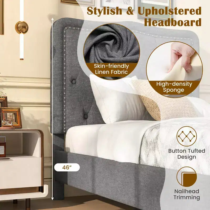 Struttura letto singola con testiera capitonné alta 117 cm e supporto a doghe in legno