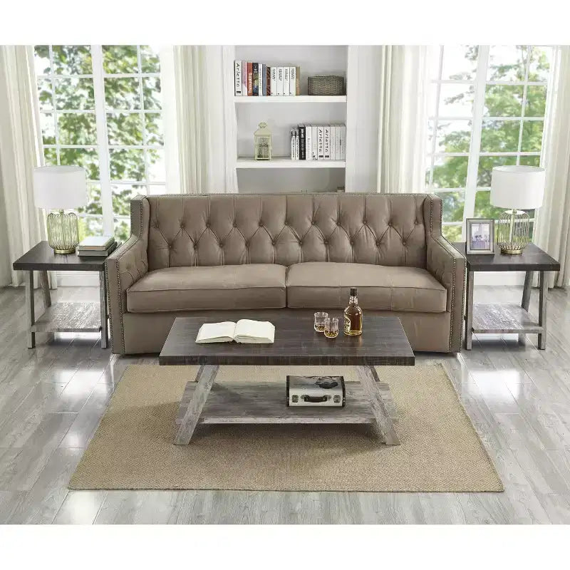 Tavolino da Caffè Athens Contemporary 3 pezzi con Ripiano in Legno, in Noce Weathered e Grigio