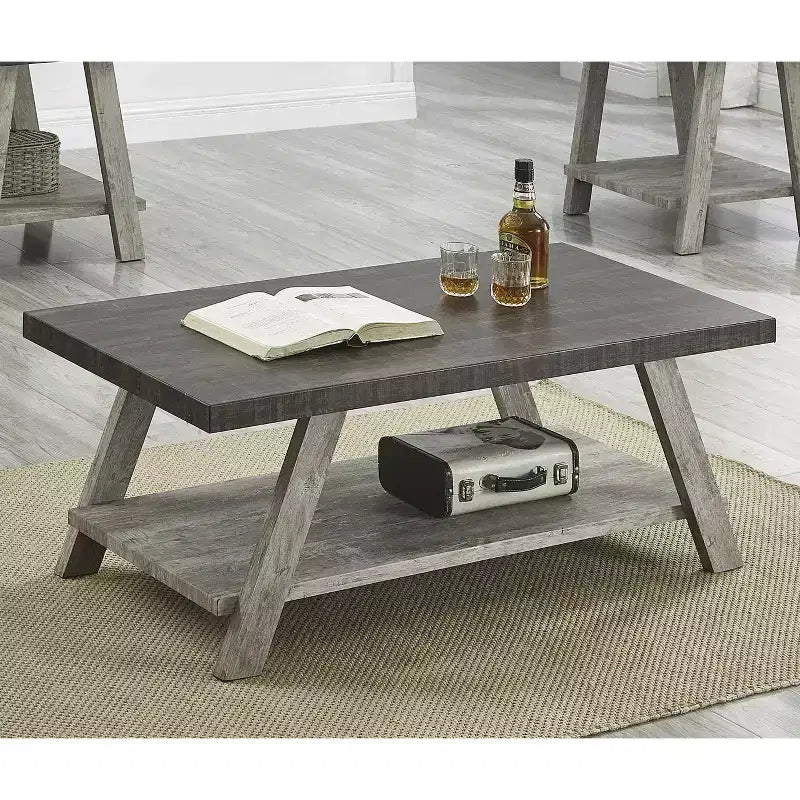Tavolino da Caffè Athens Contemporary 3 pezzi con Ripiano in Legno, in Noce Weathered e Grigio