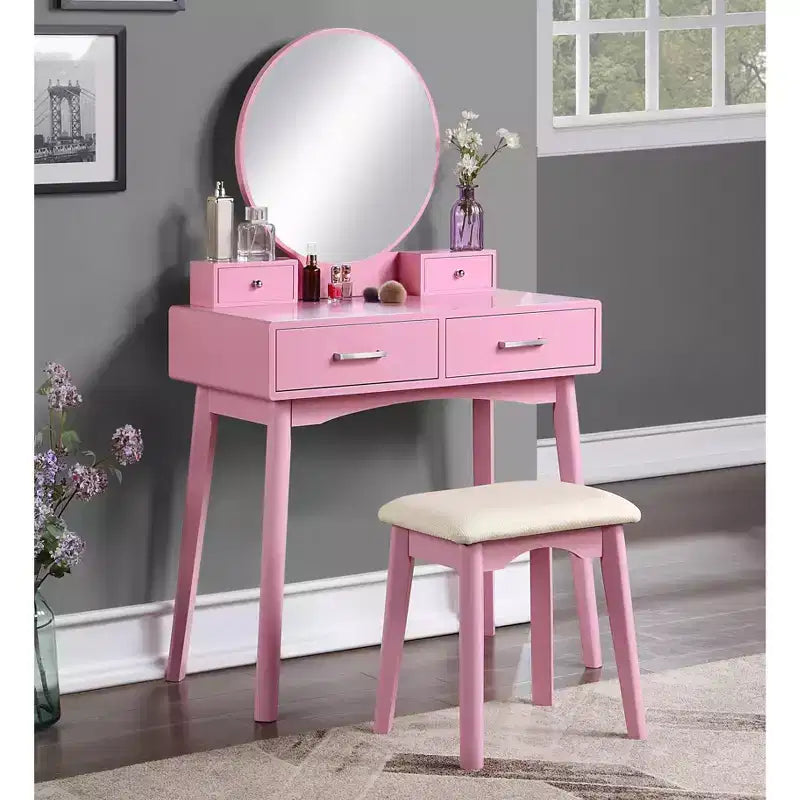 Mobile Toeletta e Sgabello Liannon in Legno Contemporaneo, Rosa