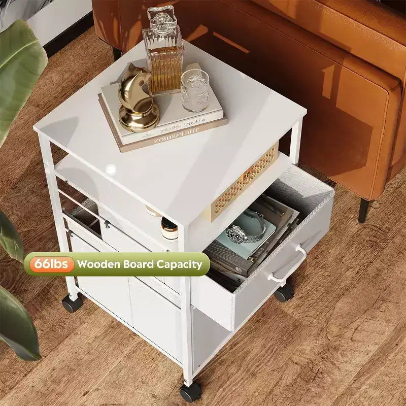 Cassettiera Mobile con rotelle, Supporto per Stampante con Ripiano Aperto, Classificatore Verticale in Tessuto per Documenti A4 o Letter per Ufficio Domestico