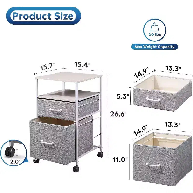 Cassettiera Mobile con rotelle, Supporto per Stampante con Ripiano Aperto, Classificatore Verticale in Tessuto per Documenti A4 o Letter per Ufficio Domestico