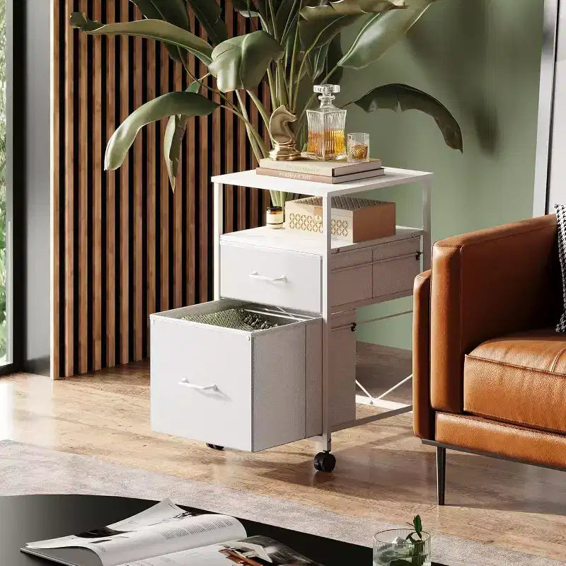 Cassettiera Mobile con rotelle, Supporto per Stampante con Ripiano Aperto, Classificatore Verticale in Tessuto per Documenti A4 o Letter per Ufficio Domestico