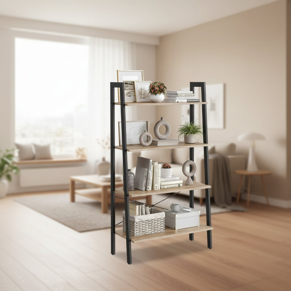 Ladder Shelf, 4-Tier Bookshelf, Storage Rack, Bookcase with Steel Frame, for Living Room, Home Office, Kitchen, Bedroom, Industrial Style