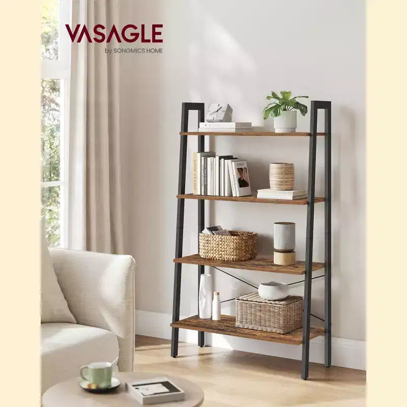 Scaffale a Scala, Libreria a 4 Ripiani, Scaffale Contenitore, Libreria con Struttura in Acciaio, per Soggiorno, Ufficio, Cucina, Camera da Letto, Stile Industriale