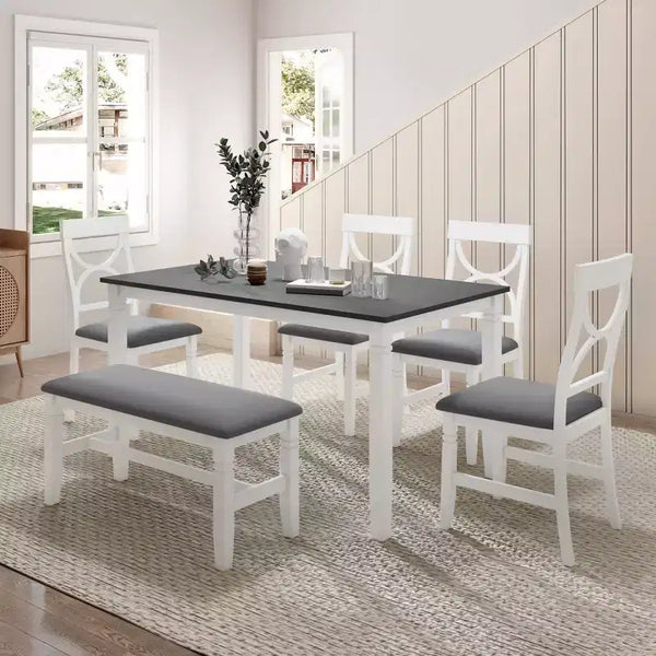 Whisen Farmhouse 6-Piece Wood Dining Table Set with Upholstered Bench and 4 Dining Chairs - Gray+White