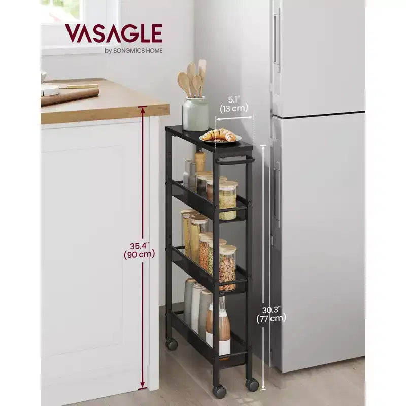 Carrello sottile con rotelle, carrello portaoggetti a 4 ripiani, carrello stretto con maniglia, profondo 13 cm, struttura in metallo, per cucina, sala da pranzo, soggiorno