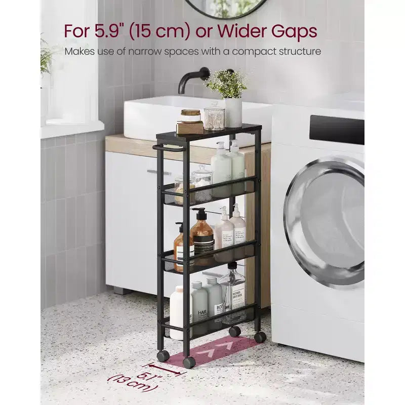 Carrello sottile con rotelle, carrello portaoggetti a 4 ripiani, carrello stretto con maniglia, profondo 13 cm, struttura in metallo, per cucina, sala da pranzo, soggiorno
