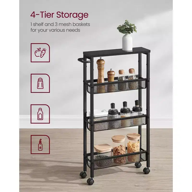 Carrello sottile con rotelle, carrello portaoggetti a 4 ripiani, carrello stretto con maniglia, profondo 13 cm, struttura in metallo, per cucina, sala da pranzo, soggiorno