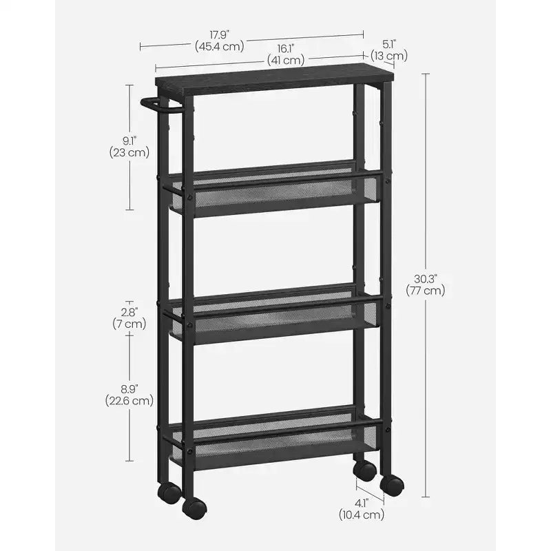 Carrello sottile con rotelle, carrello portaoggetti a 4 ripiani, carrello stretto con maniglia, profondo 13 cm, struttura in metallo, per cucina, sala da pranzo, soggiorno