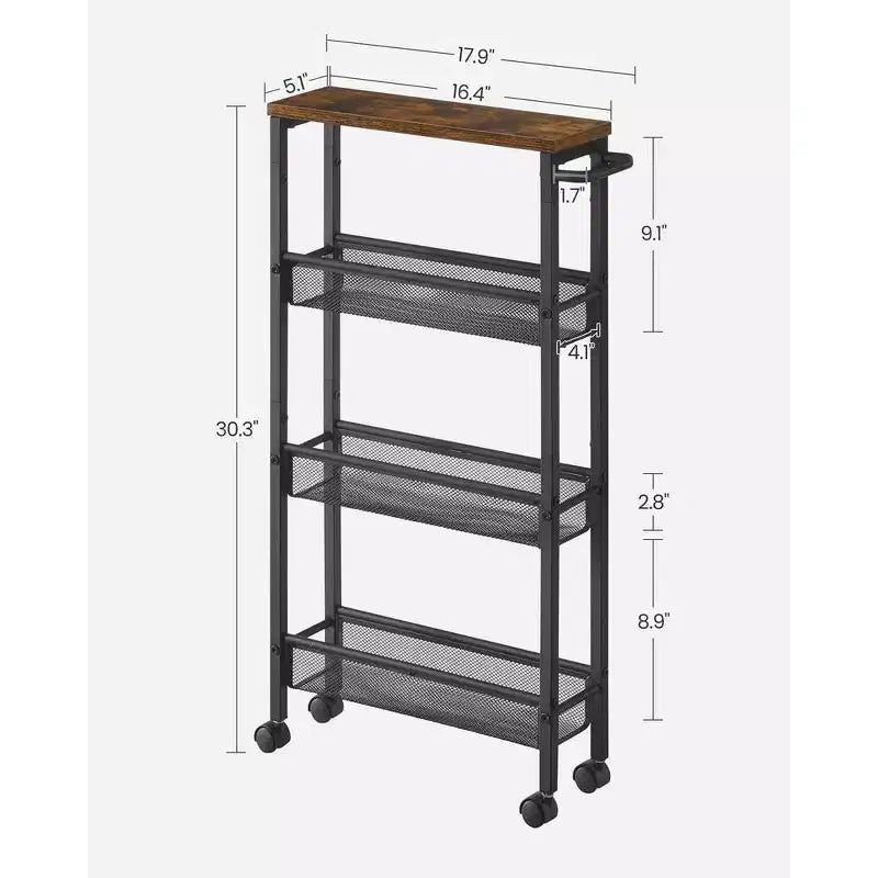 Carrello sottile con rotelle, carrello portaoggetti a 4 ripiani, carrello stretto con maniglia, profondo 13 cm, struttura in metallo, per cucina, sala da pranzo, soggiorno