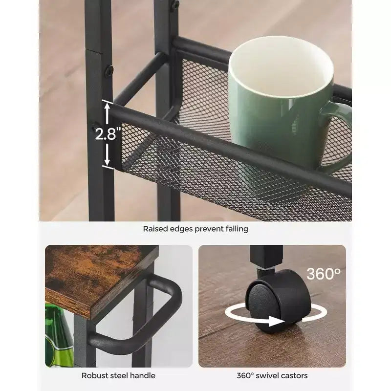 Carrello sottile con rotelle, carrello portaoggetti a 4 ripiani, carrello stretto con maniglia, profondo 13 cm, struttura in metallo, per cucina, sala da pranzo, soggiorno