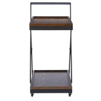 Carrello da bar Dafred rustico da fattoria a 4 ruote in legno marrone scuro e metallo canna di fucile scuro, carrello di servizio per interni con ripiani fissi