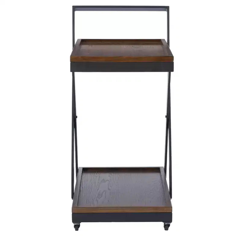 Carrello da bar Dafred rustico da fattoria a 4 ruote in legno marrone scuro e metallo canna di fucile scuro, carrello di servizio per interni con ripiani fissi