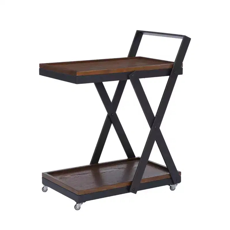 Carrello da bar Dafred rustico da fattoria a 4 ruote in legno marrone scuro e metallo canna di fucile scuro, carrello di servizio per interni con ripiani fissi