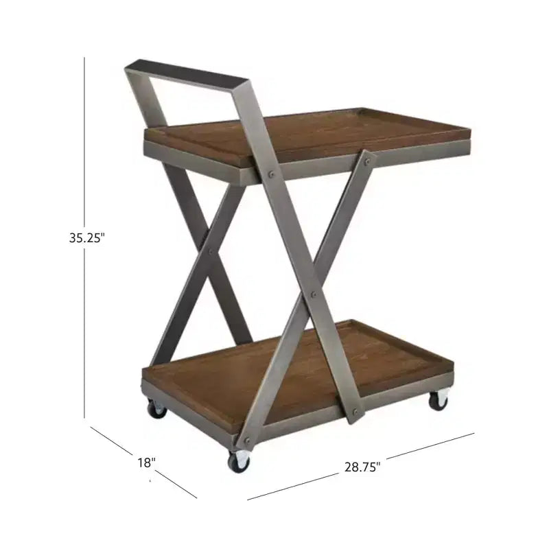 Carrello da bar Dafred rustico da fattoria a 4 ruote in legno marrone scuro e metallo canna di fucile scuro, carrello di servizio per interni con ripiani fissi