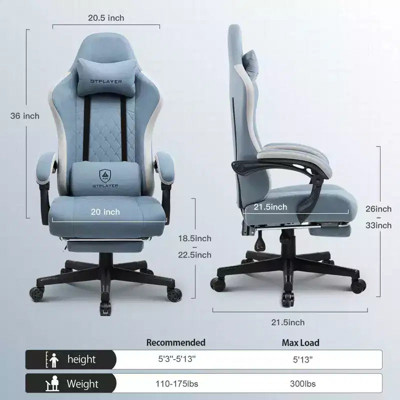 Sedia da gaming in tessuto Sedia da ufficio con braccioli collegati Sedia da computer azzurra