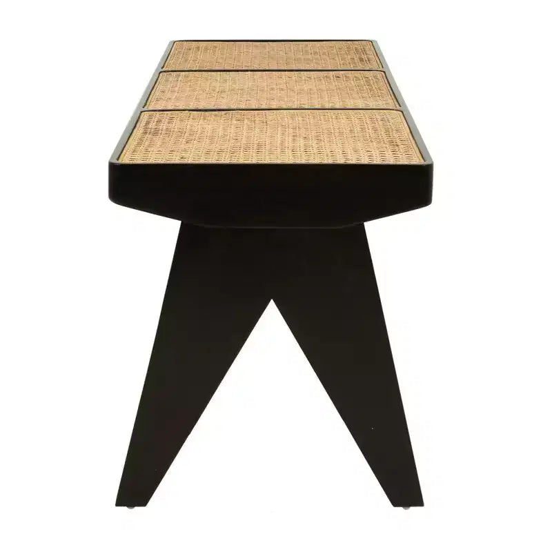 Panca Franco 55" Nera: Rattan Intrecciato a Mano, Base in Legno di Mango, Forma Rettangolare, Non Imbottita