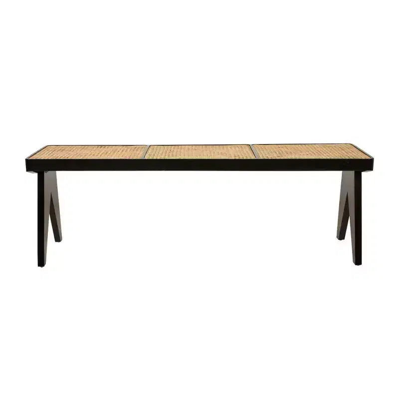 Panca Franco 55" Nera: Rattan Intrecciato a Mano, Base in Legno di Mango, Forma Rettangolare, Non Imbottita