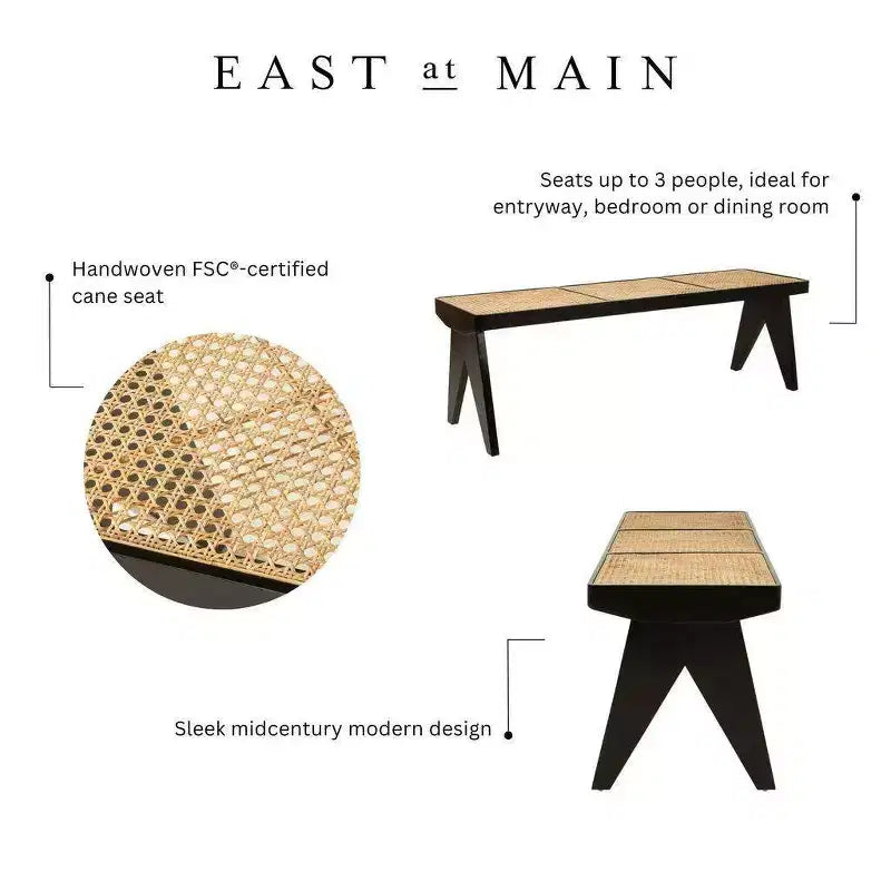 Panca Franco 55" Nera: Rattan Intrecciato a Mano, Base in Legno di Mango, Forma Rettangolare, Non Imbottita