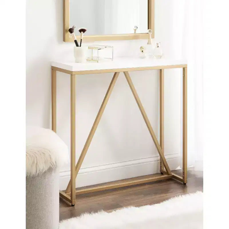 Consolle in MDF Rettangolare Truss, 30x10x30, Bianco e Oro