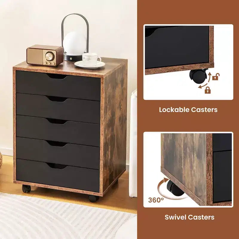 Cassettiera contenitore a 5 cassetti per armadio da pavimento con ruote, marrone rustico