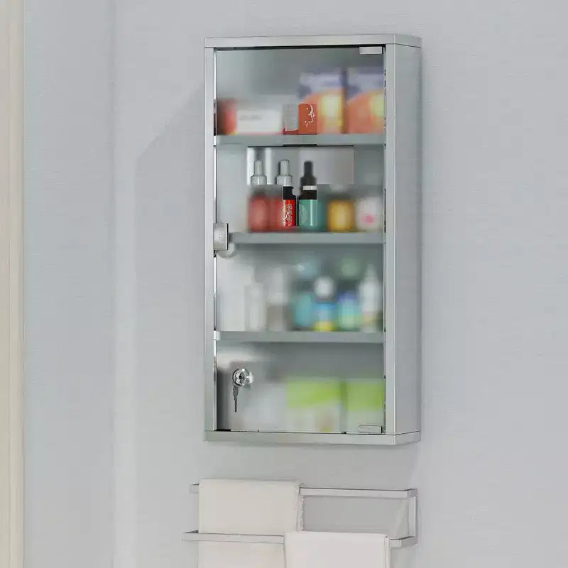 Armadietto dei medicinali 12 x 24 con serratura, ripiani, armadietto medico con serratura per la sicurezza, armadietto da parete per il bagno per il pronto soccorso, argento