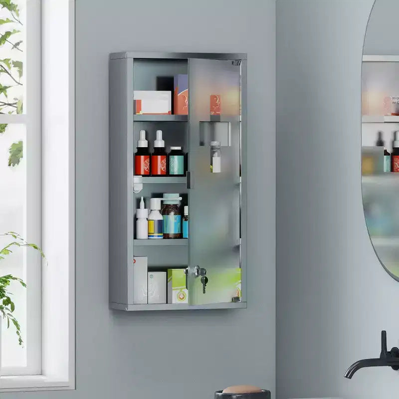 Armadietto dei medicinali 12 x 24 con serratura, ripiani, armadietto medico con serratura per la sicurezza, armadietto da parete per il bagno per il pronto soccorso, argento