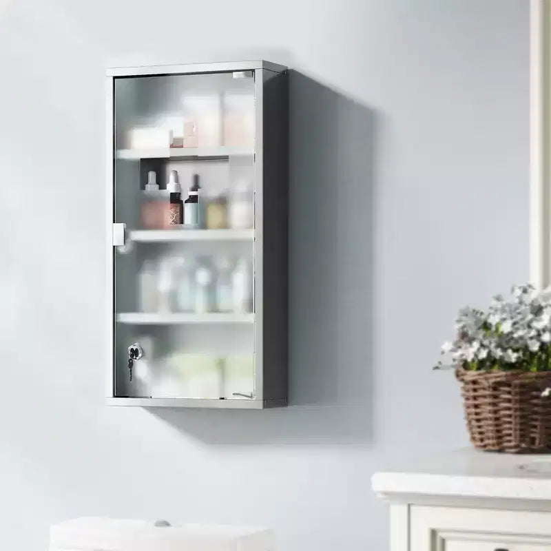 Armadietto dei medicinali 12 x 24 con serratura, ripiani, armadietto medico con serratura per la sicurezza, armadietto da parete per il bagno per il pronto soccorso, argento