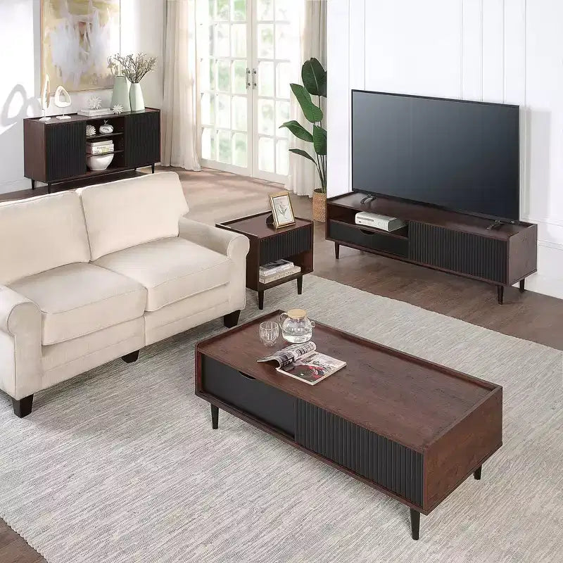 Comodino Moderno Scanalato Duane con Cassetto, Confezione da 2