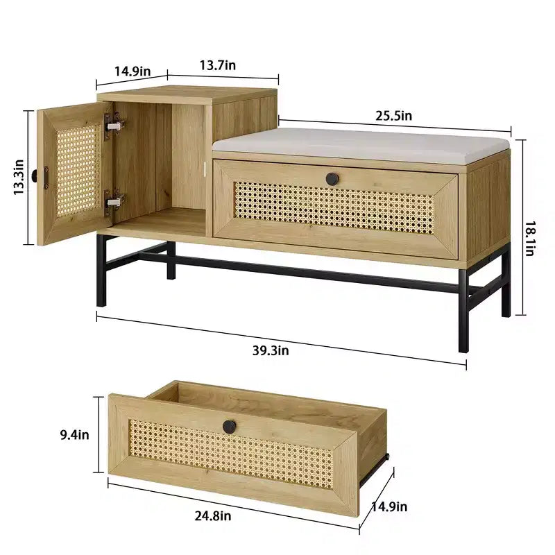 Panca portascarpe in Rattan con Contenitore, Panca da Ingresso con Scarpiera a Scomparsa, Panca Contenitore per Scarpe per Corridoio e Camera da Letto, Rovere Naturale