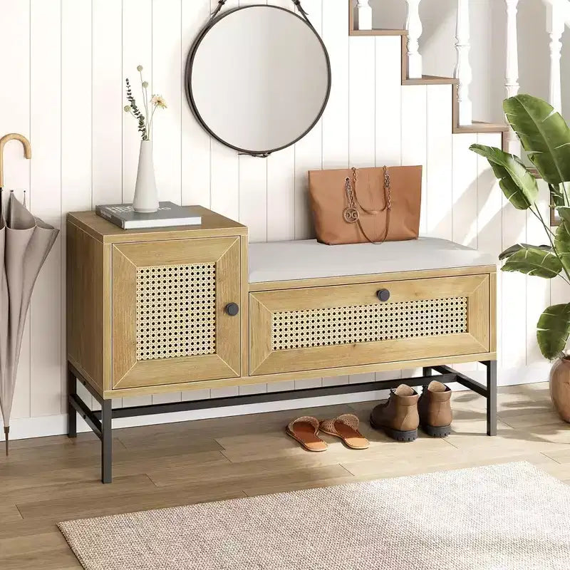 Panca portascarpe in Rattan con Contenitore, Panca da Ingresso con Scarpiera a Scomparsa, Panca Contenitore per Scarpe per Corridoio e Camera da Letto, Rovere Naturale