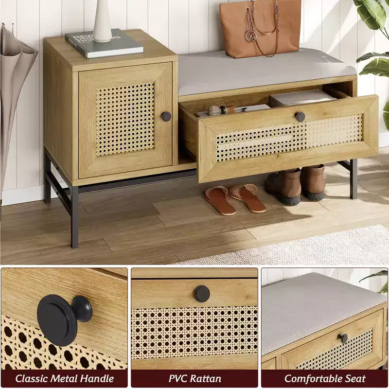 Panca portascarpe in Rattan con Contenitore, Panca da Ingresso con Scarpiera a Scomparsa, Panca Contenitore per Scarpe per Corridoio e Camera da Letto, Rovere Naturale