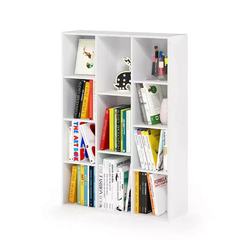 Libreria aperta a 3 ripiani, armadietto con 11 cubi e mensole espositive, bianco