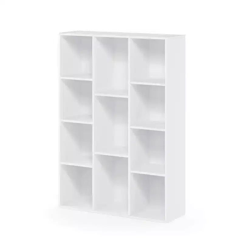 Libreria aperta a 3 ripiani, armadietto con 11 cubi e mensole espositive, bianco