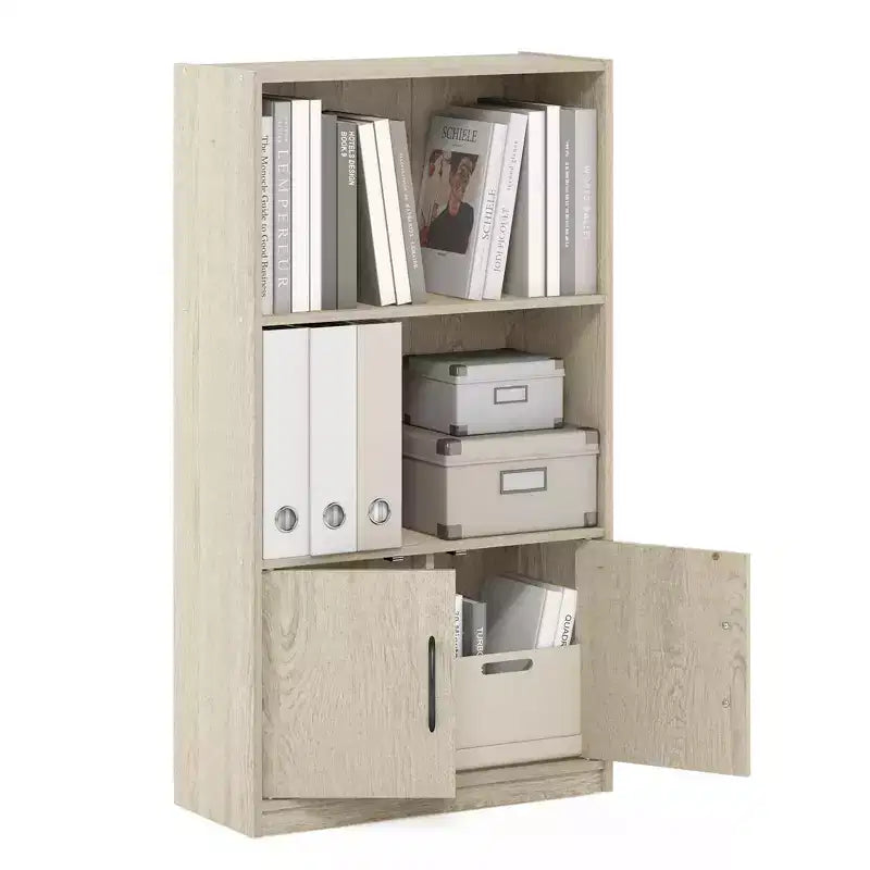 Libreria Decorativa a 3 Ripiani, Scaffale Aperto con 2 Vani e Mobile Contenitore a 2 Ante, Pino Metropolitano