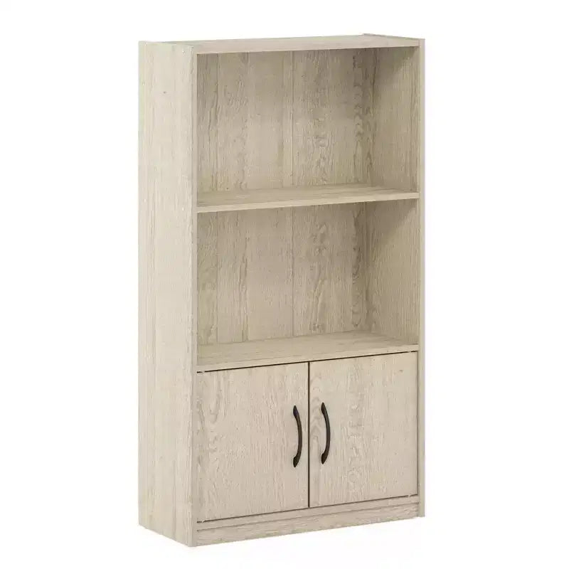 Libreria Decorativa a 3 Ripiani, Scaffale Aperto con 2 Vani e Mobile Contenitore a 2 Ante, Pino Metropolitano