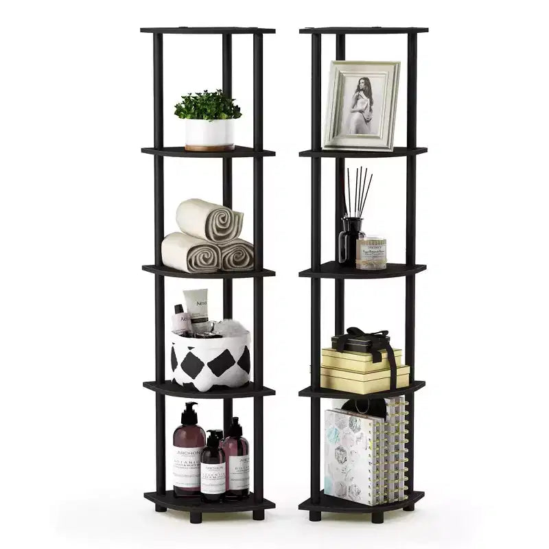 Libreria decorativa a 5 ripiani, confezione da 2, scaffali aperti multiuso, angolare, espresso/nero