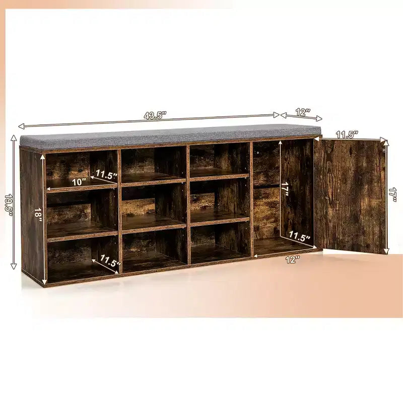 Panchina Portascarpe con Cuscino Imbottito 9 Scomparti Scarpiera Contenitore Regolabile Bianco/Grigio/Marrone Rustico