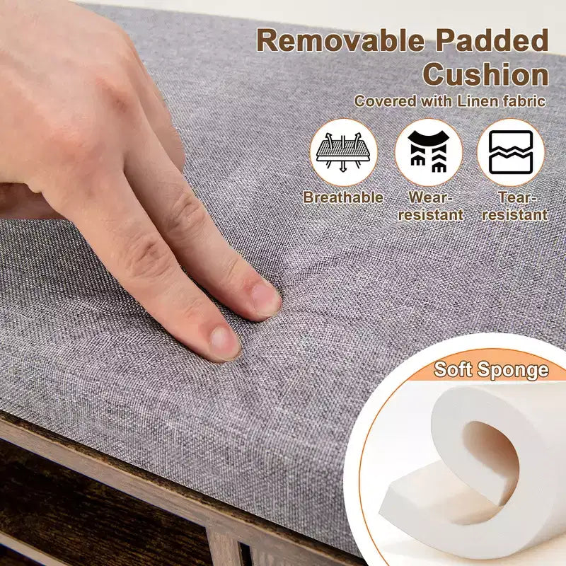 Panchina Portascarpe con Cuscino Imbottito 9 Scomparti Scarpiera Contenitore Regolabile Bianco/Grigio/Marrone Rustico