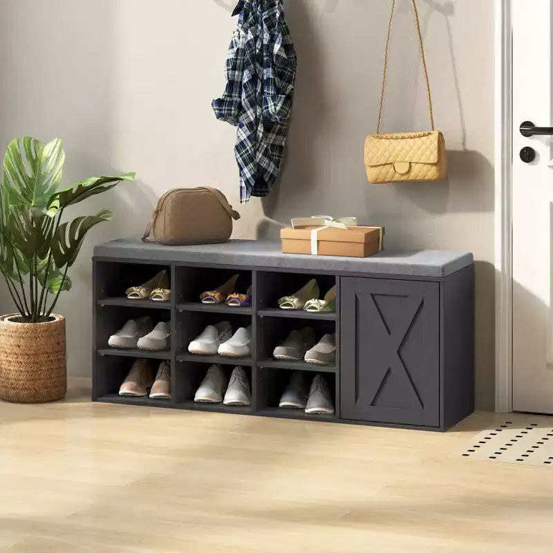 Panchina Portascarpe con Cuscino Imbottito 9 Scomparti Scarpiera Contenitore Regolabile Bianco/Grigio/Marrone Rustico