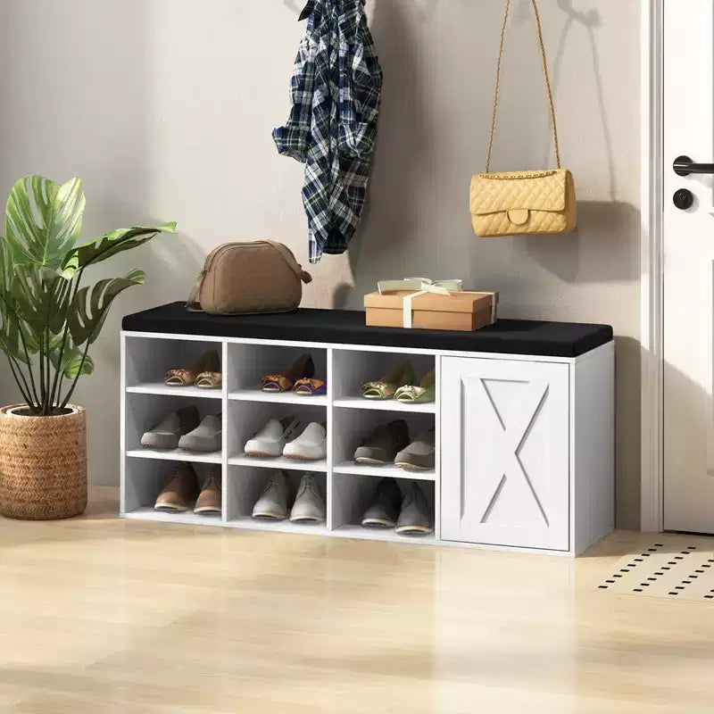 Panchina Portascarpe con Cuscino Imbottito 9 Scomparti Scarpiera Contenitore Regolabile Bianco/Grigio/Marrone Rustico