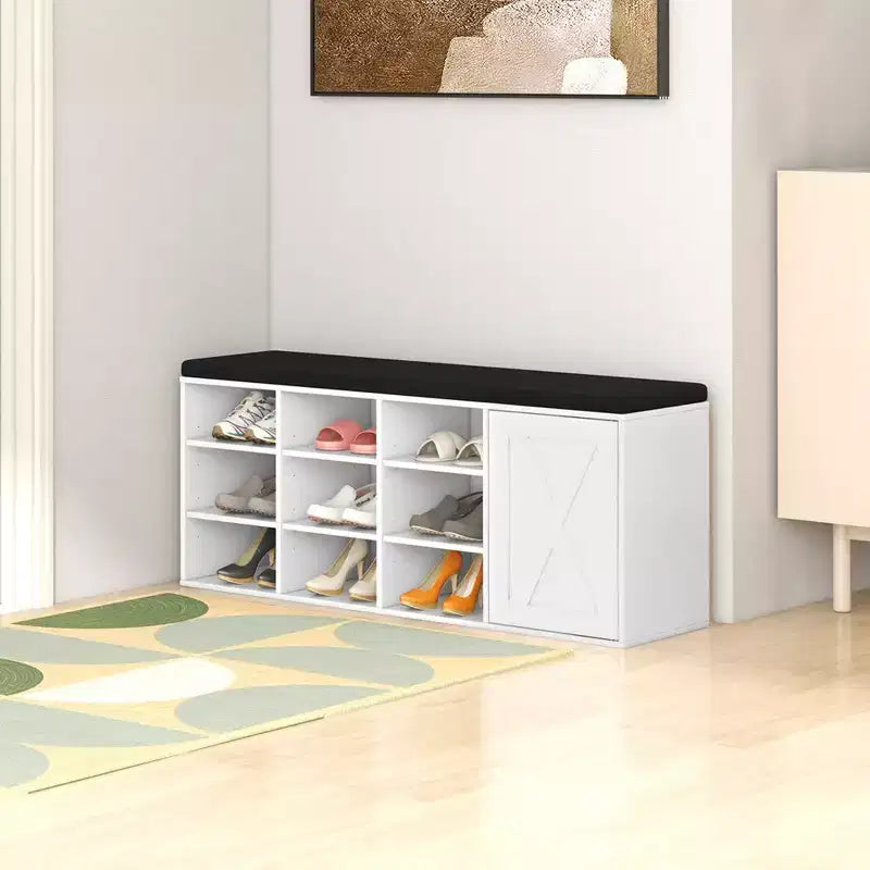 Panchina Portascarpe con Cuscino Imbottito 9 Scomparti Scarpiera Contenitore Regolabile Bianco/Grigio/Marrone Rustico