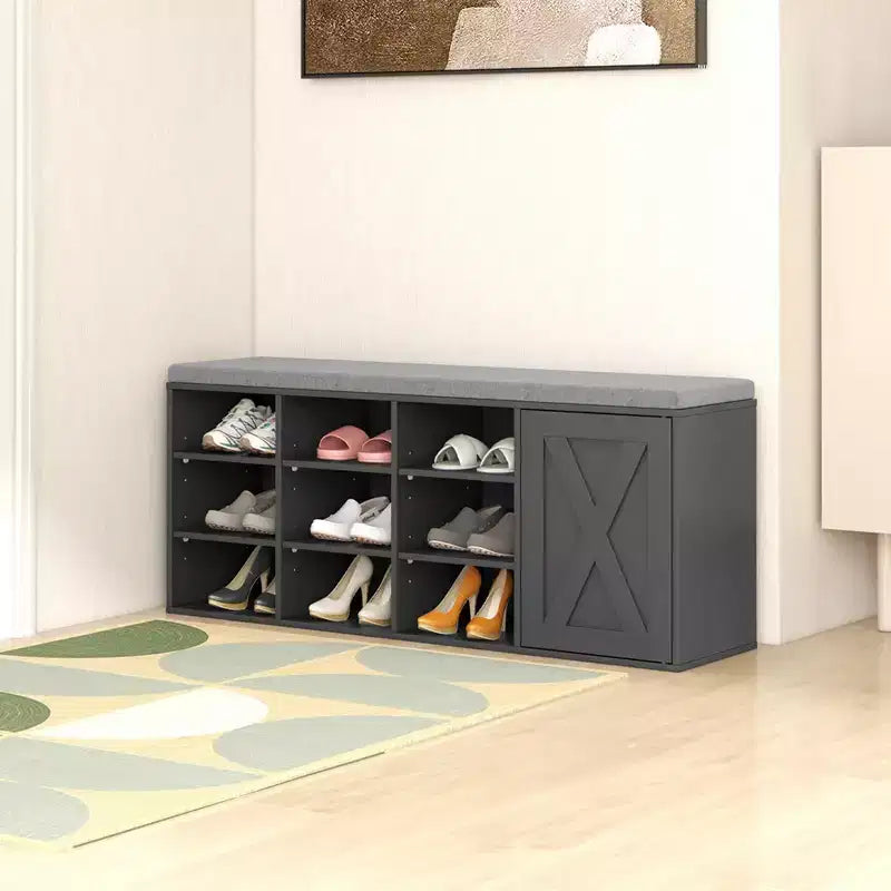 Panchina Portascarpe con Cuscino Imbottito 9 Scomparti Scarpiera Contenitore Regolabile Bianco/Grigio/Marrone Rustico
