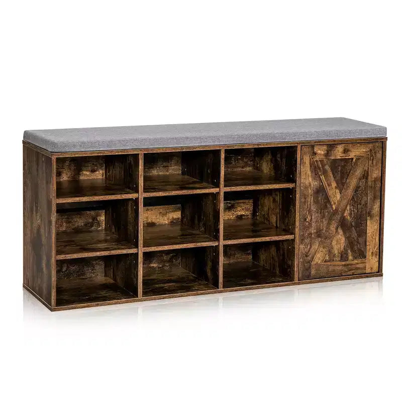 Panchina Portascarpe con Cuscino Imbottito 9 Scomparti Scarpiera Contenitore Regolabile Bianco/Grigio/Marrone Rustico