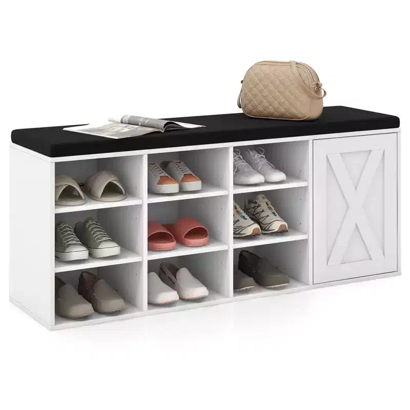 Panchina Portascarpe con Cuscino Imbottito 9 Scomparti Scarpiera Contenitore Regolabile Bianco/Grigio/Marrone Rustico