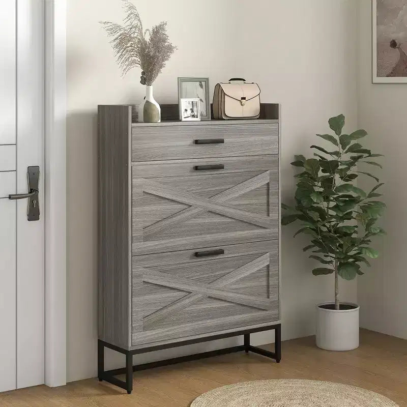 Scarpiera Slim, Scarpiera da Ingresso Industriale con 2 Cassetti a Ribalta, Ripiani Regolabili, Cassetto Superiore per 12 Paia